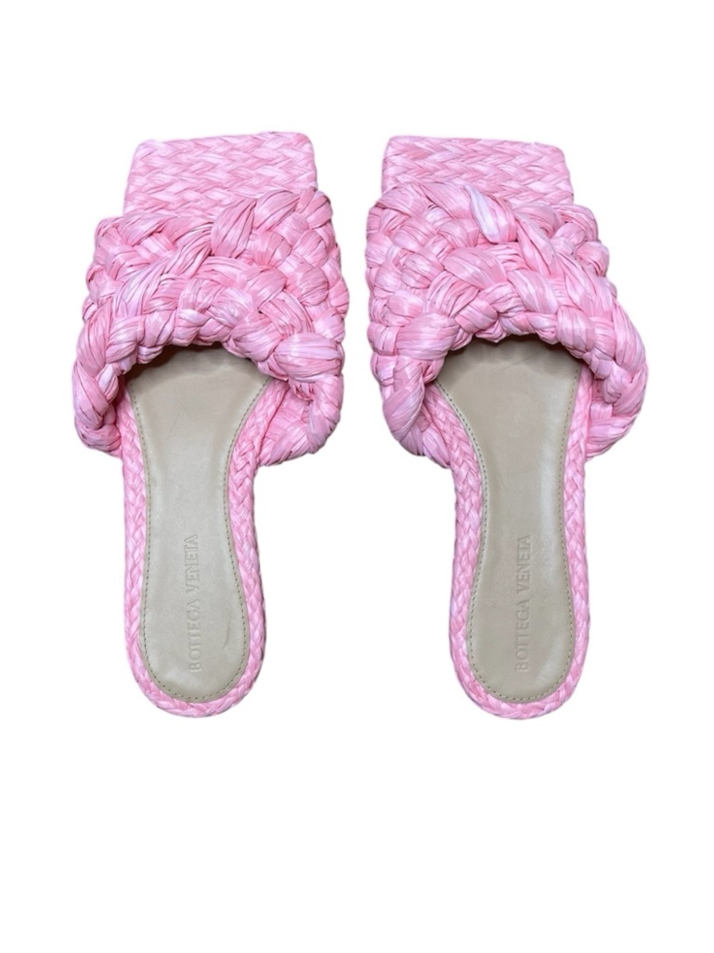 Bottega Veneta Pink Raffia Stretch Flat Sandals in Blossom Size 36 / US 6
